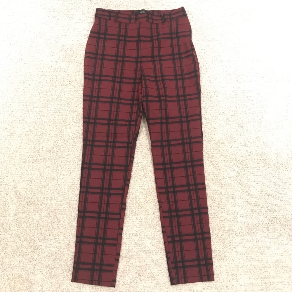 High Waisted Burgundy & Black Plaid Slacks w/ Belt